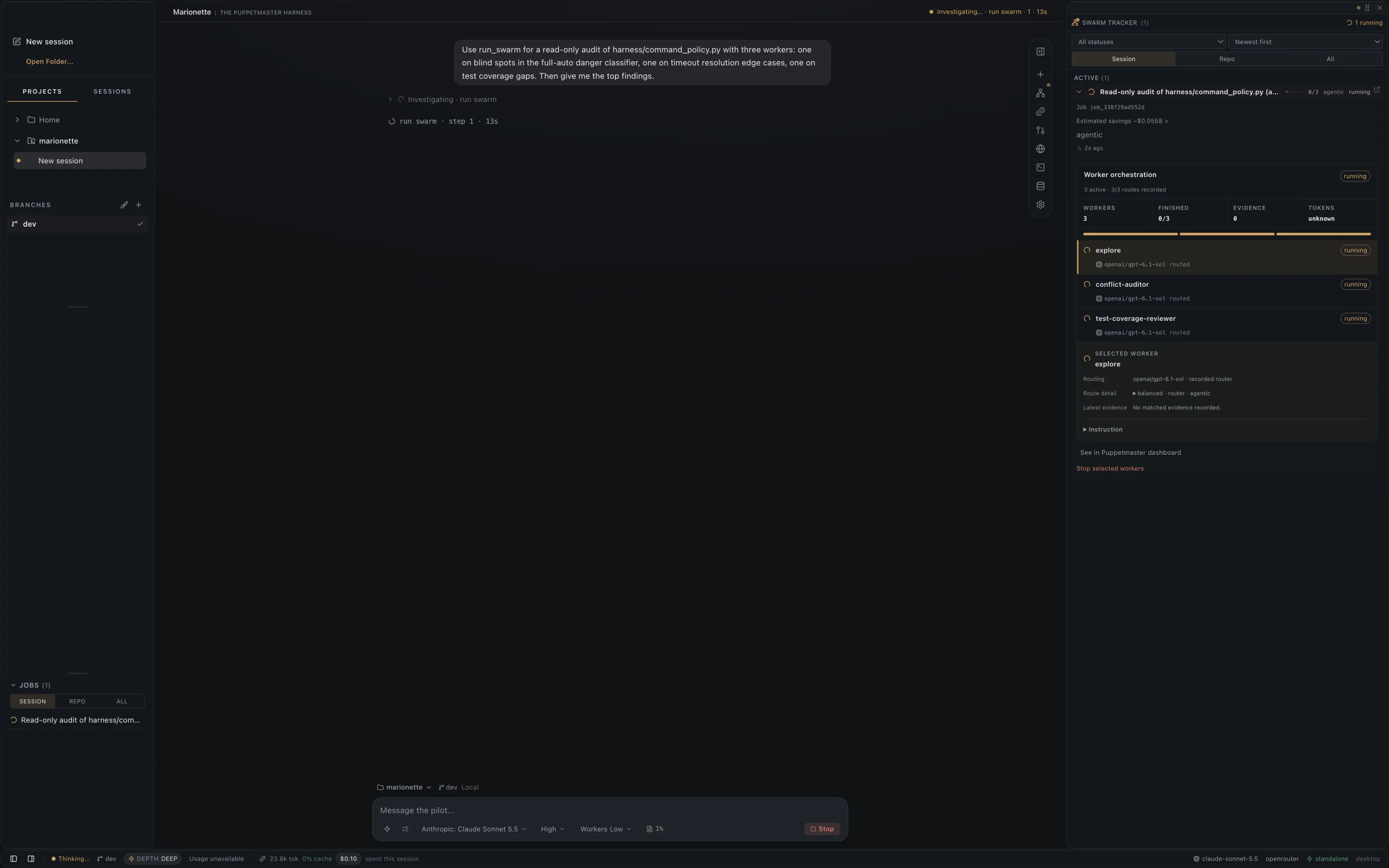 Marionette with the swarm request sent and the expanded Swarm Tracker listing three routed workers