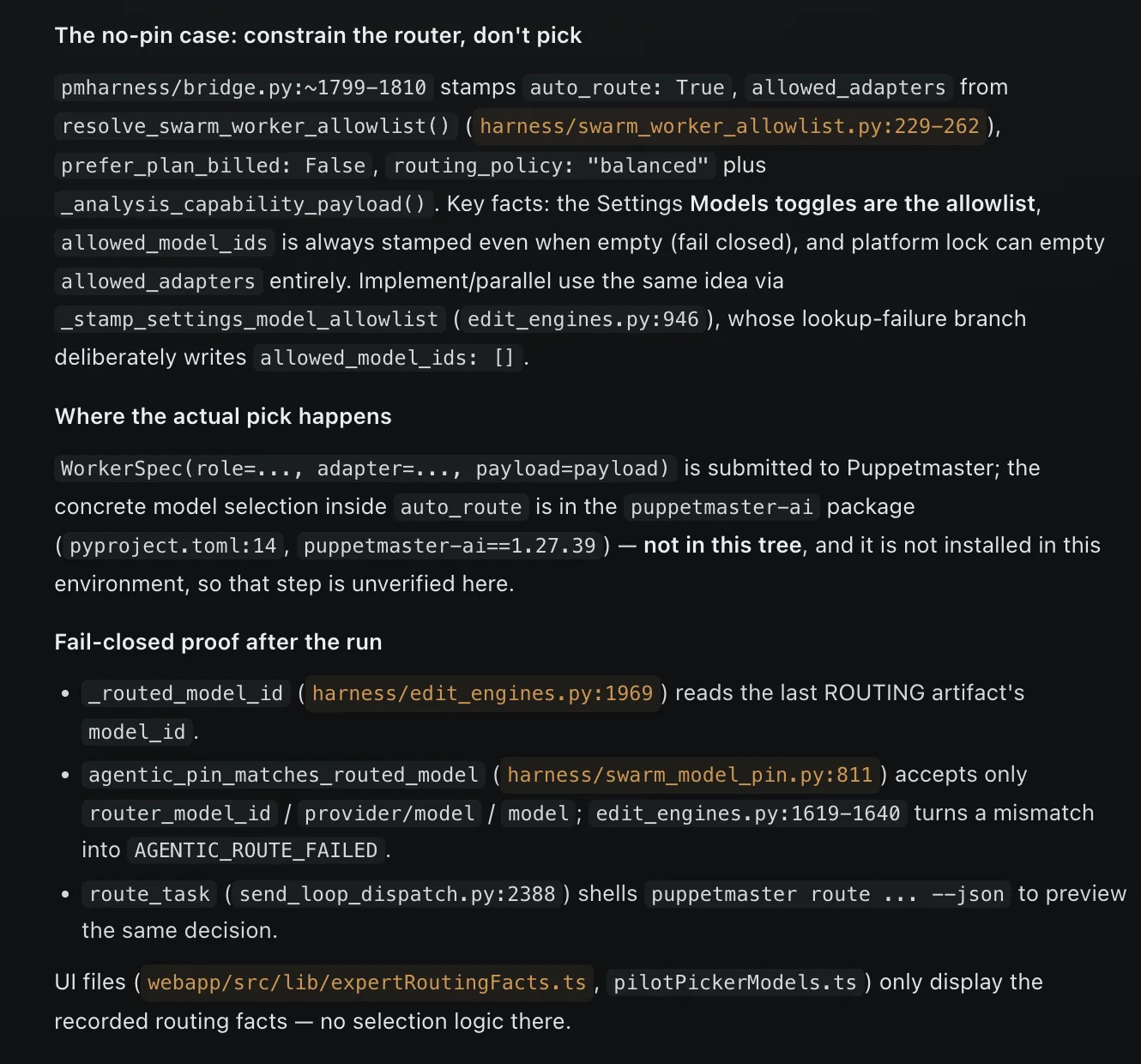 A pilot answer citing harness/swarm_worker_allowlist.py:229-262 and other file and line references