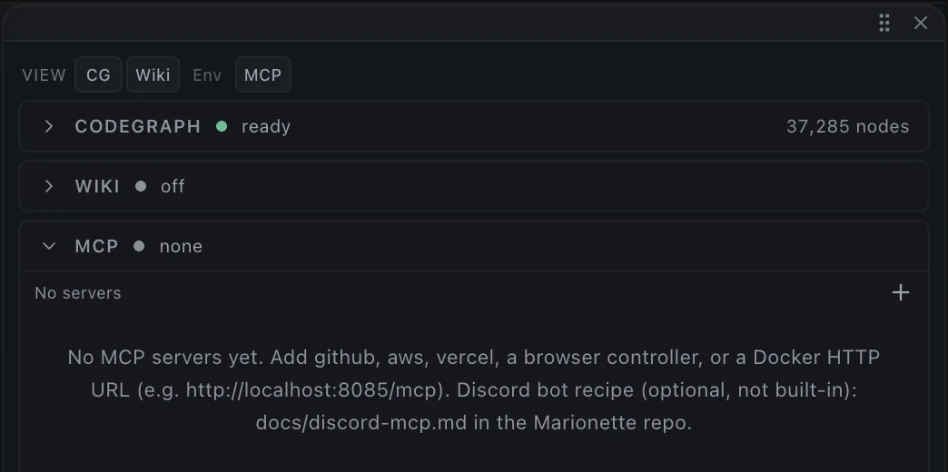 The State pane showing CodeGraph ready with 37,285 nodes, Wiki and MCP
