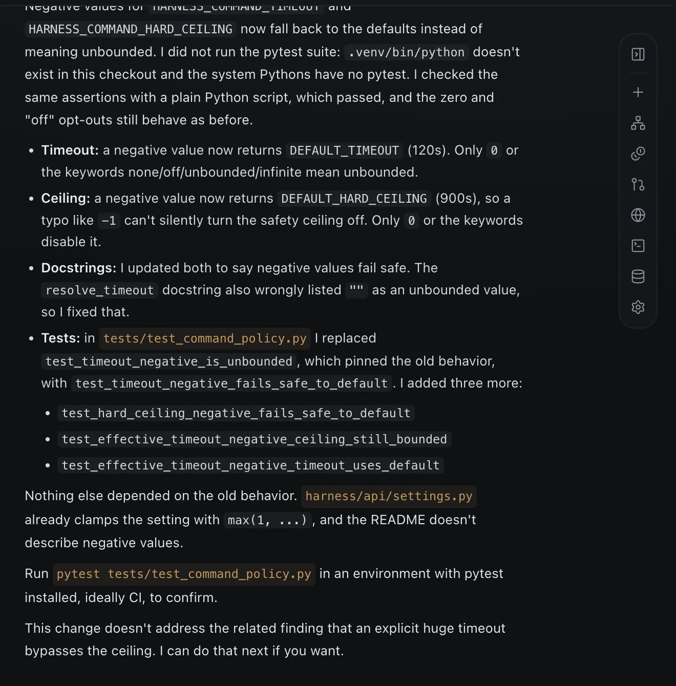 The pilot's edit report, noting it did not run the pytest suite and listing the new tests