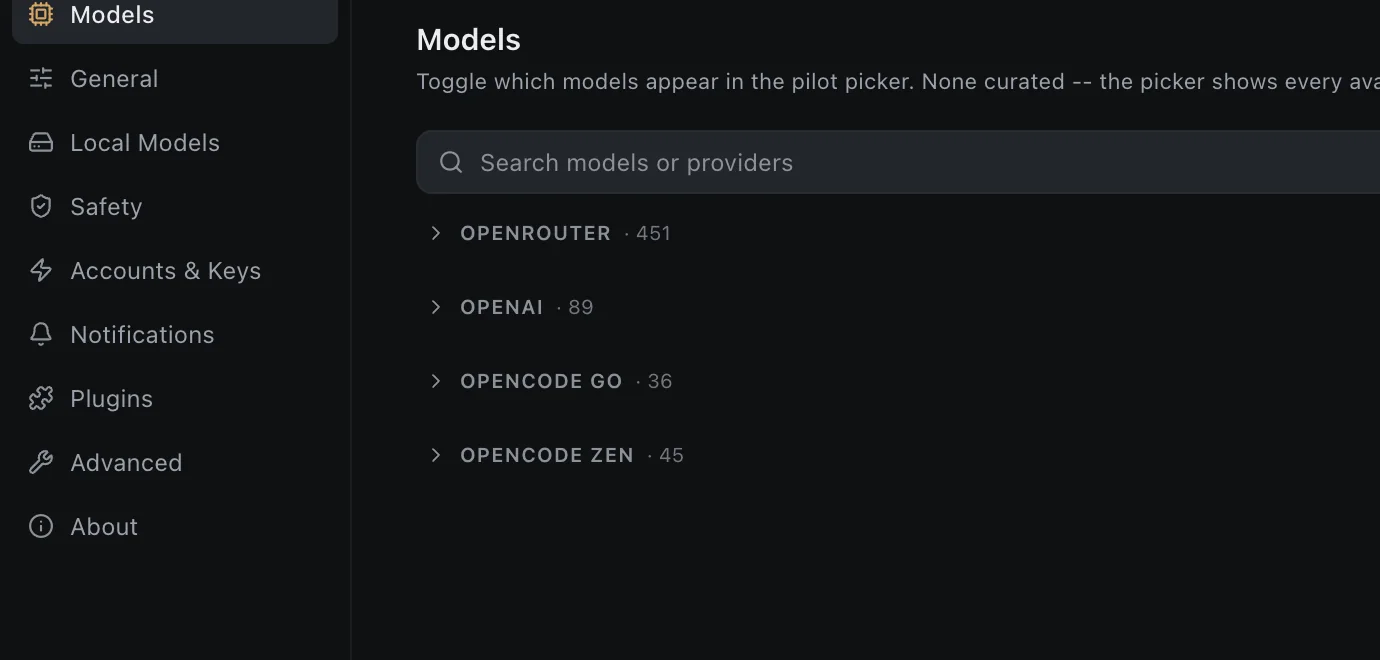 Settings, Models: OpenRouter 451, OpenAI 89, OpenCode Go 36, OpenCode Zen 45
