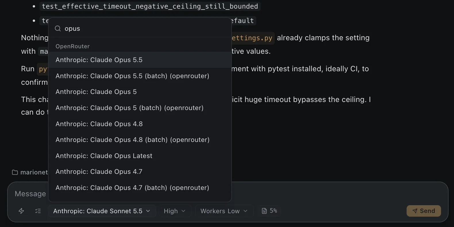 The Marionette model picker filtered to every Claude Opus variant on OpenRouter, above the composer